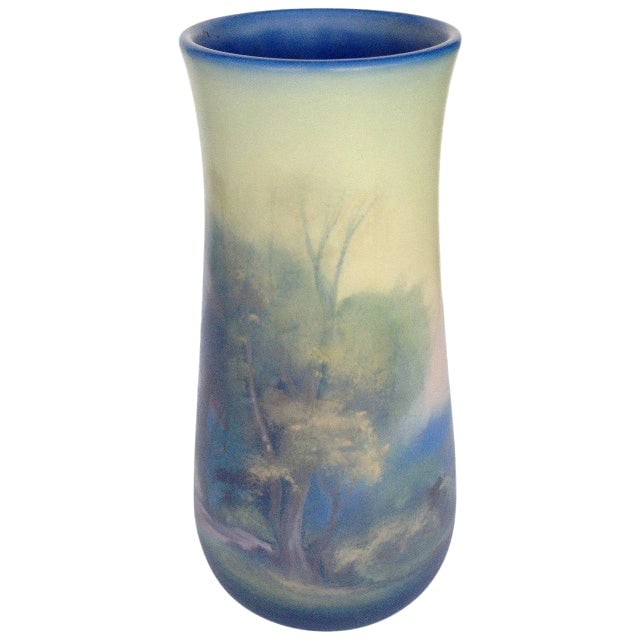 Rookwood Pottery Vellum Glaze Vase, Circa 1925: Title: Rookwood Pottery Vellum Glaze Vase, Circa 1925 Description: This piece is an American Rookwood Pottery "Vellum" series ceramic vase by Lenore Asbury, circa 1925. Rookwood introduced the "vellum