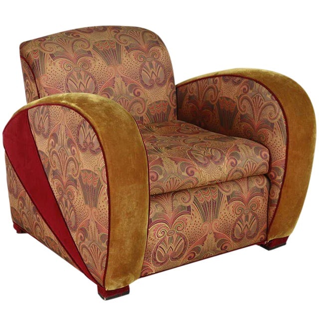 Art Deco Jazz Club Chair in the Style of Frankl's Speed Chair: Title: Art Deco Jazz Club Chair in the Style of Frankl's Speed Chair Description: This fabulous Art Deco style jazz club chair in the style of Paul Frankl speed chair is upholstered in stunning period