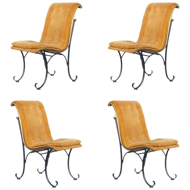 Mid-Century Campeche Chair W/ Bronze Accents by Russel Woodard, Set of 4: Title: Mid-Century Campeche Chair W/ Bronze Accents by Russel Woodard, Set of 4 Description: Elegant Mid-century set of four iron Hollywood Regency/Mid-century style side chairs with bronze scrollwork