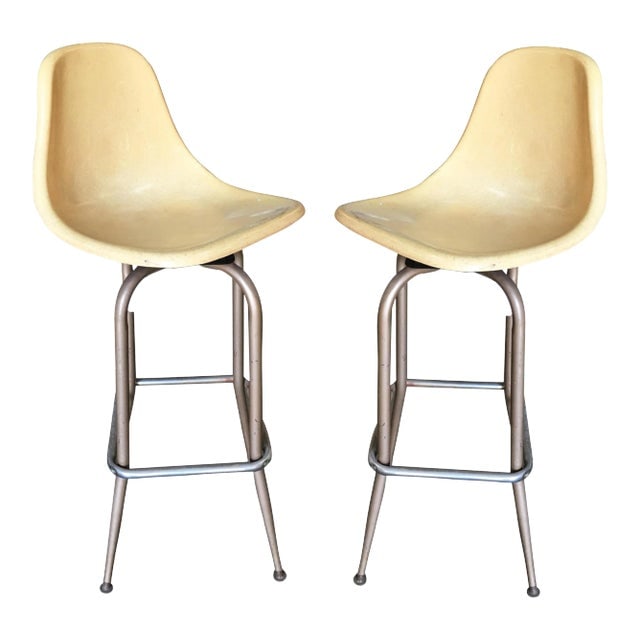 1950s Mid Century Eames Style Fiberglass Shell Swivel Bar Stool - a Pair: Title: 1950s Mid Century Eames Style Fiberglass Shell Swivel Bar Stool - a Pair Description: Pair of vintage Mid-century style fiberglass shell seat swivel bar stools with fiberglass bucket seat and c