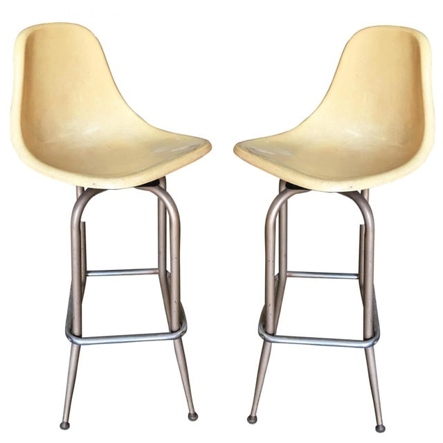 1950s Mid Century Eames Style Fiberglass Shell Swivel Bar Stool - a Pair - 9