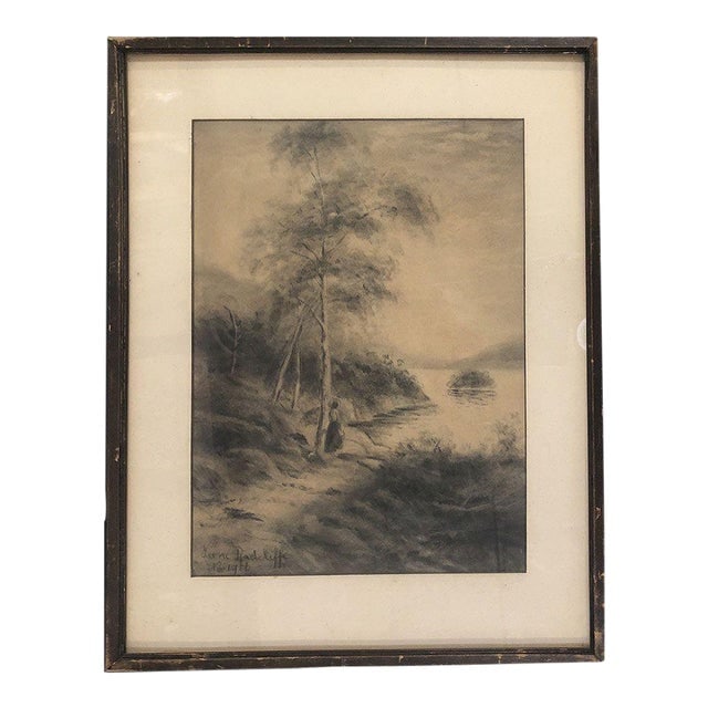 Framed Women by Lake Landscape Charcoal on Paper by Irene Radcliffe, 1971: Title: Framed Women by Lake Landscape Charcoal on Paper by Irene Radcliffe, 1971 Description: Original charcoal on paper Landscape signed and dated by artist Irene Radcliffe in black wood frame. This 