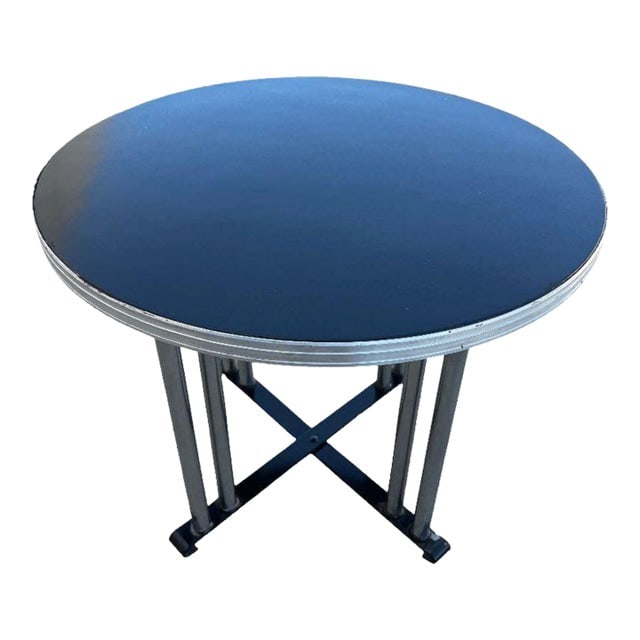 1930s Streamline Art Deco Chrome Round Side Smokers Table: Title: 1930s Streamline Art Deco Chrome Round Side Smokers Table Description: Wolfgang Hoffmann inspired round side table with a streamlined design highlighted in its grooved chrome trim, chrome-plate