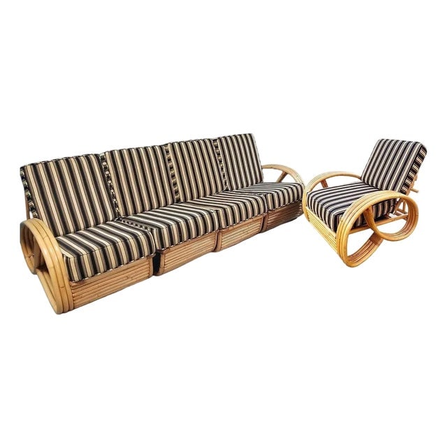 Restored MCM 3/4 Pretzel Rattan Sectional Sofa & Recliner Chair Living Room Set: Title: Restored MCM 3/4 Pretzel Rattan Sectional Sofa & Recliner Chair Living Room Set Description: This beautifully restored Mid-century 2-piece living room set featuring a 3/4 pretzel arm rattan sec