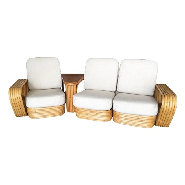 1950s Restored 6-Strand Square Pretzel 3 Seat Rattan Corner Sofa With Side Table: Title: 1950s Restored 6-Strand Square Pretzel 3 Seat Rattan Corner Sofa With Side Table Description: This beautifully restored rattan blending style vintage charm with modern comfort. Rare Square Pret
