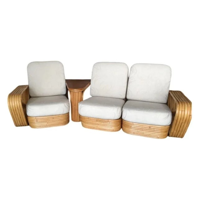 1950s Restored 6-Strand Square Pretzel 3 Seat Rattan Corner Sofa With Side Table - 3