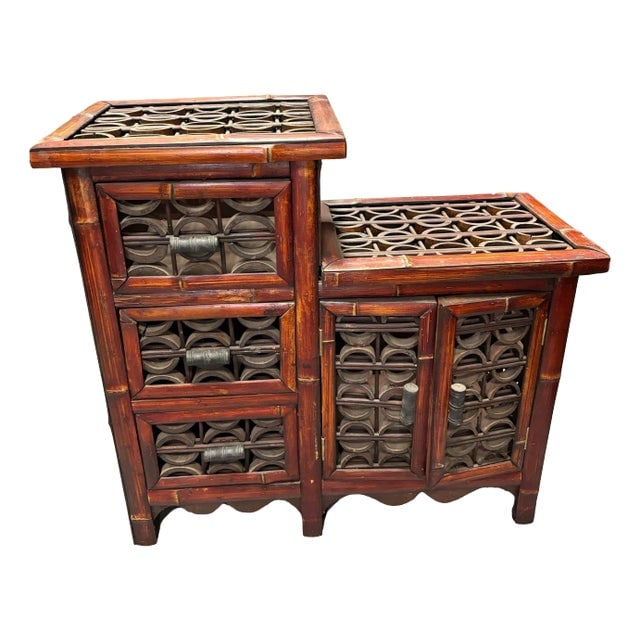 Late Qing Dynasty Split Bamboo & Lattice Top Chippendale Cabinet W/ 3 Drawers (1 of 10)