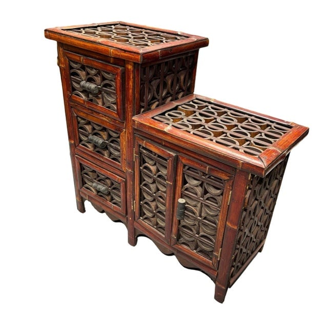 Late Qing Dynasty Split Bamboo & Lattice Top Chippendale Cabinet W/ 3 Drawers - 2