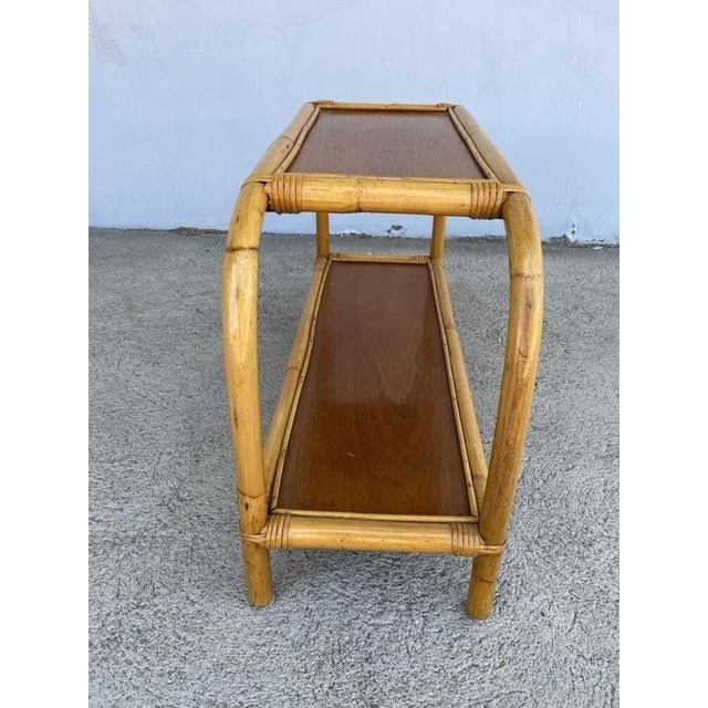 Restored 1950s Mid-Century Two-Tier Rattan & Mahogany Arched Side Table - 10