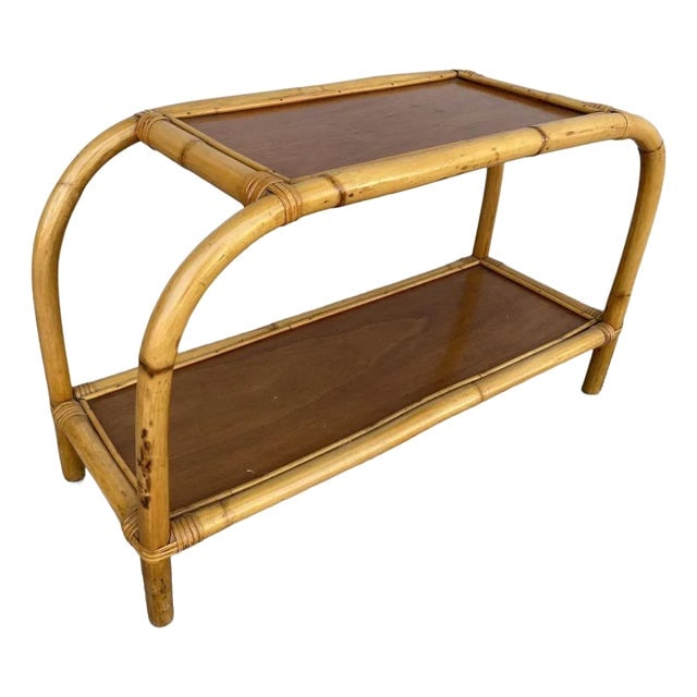Restored 1950s Mid-Century Two-Tier Rattan & Mahogany Arched Side Table (1 of 10)