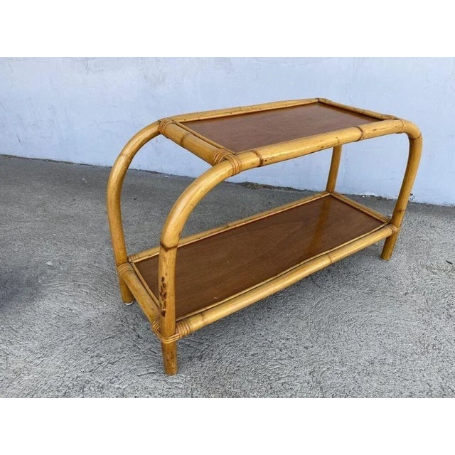 Restored 1950s Mid-Century Two-Tier Rattan & Mahogany Arched Side Table - 4