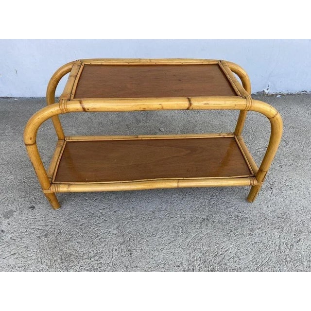 Restored 1950s Mid-Century Two-Tier Rattan & Mahogany Arched Side Table - 6