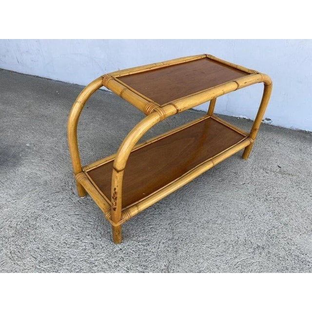 Restored 1950s Mid-Century Two-Tier Rattan & Mahogany Arched Side Table - 7