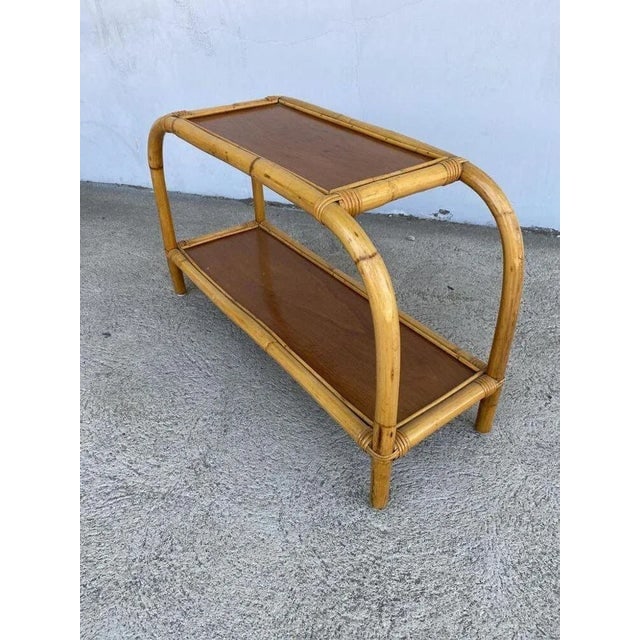 Restored 1950s Mid-Century Two-Tier Rattan & Mahogany Arched Side Table - 8