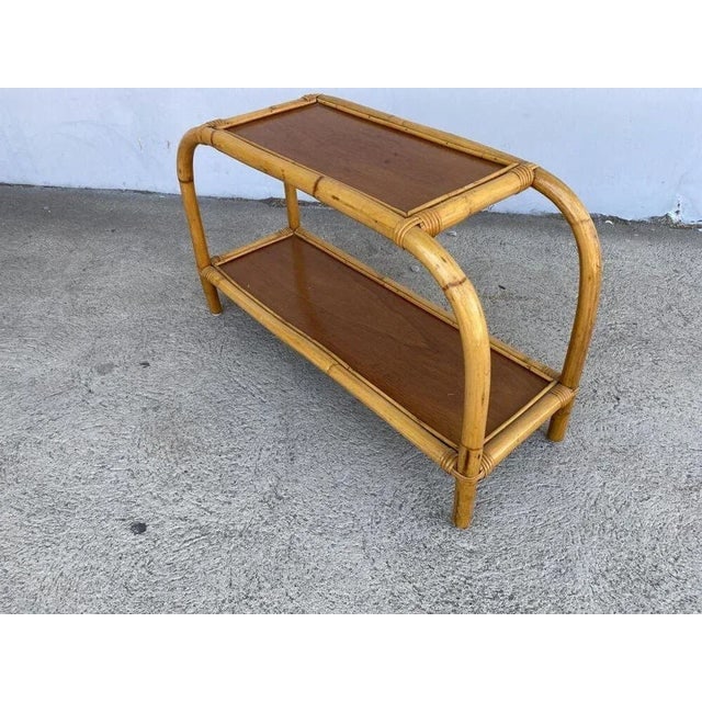 Restored 1950s Mid-Century Two-Tier Rattan & Mahogany Arched Side Table - 9