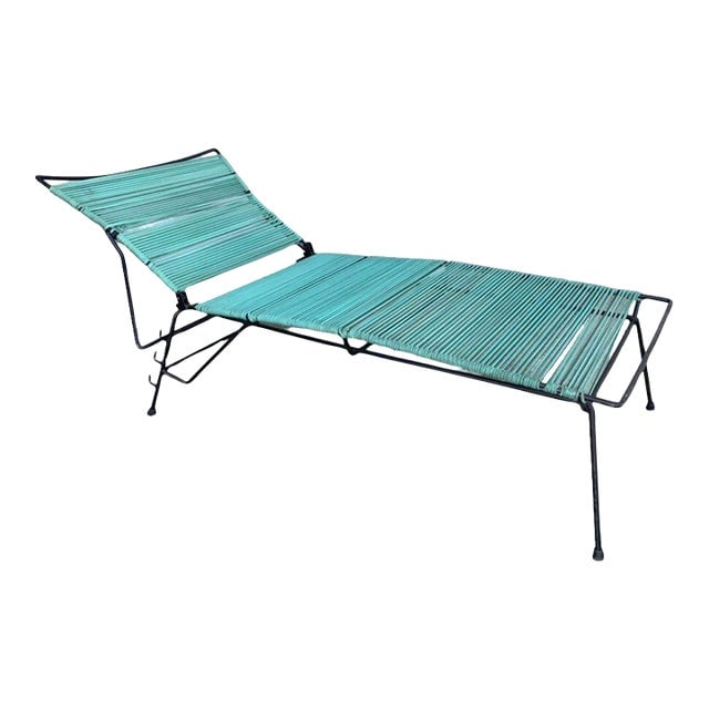 Mid-Century Iron Outdoor/Patio Chaise Lounge W/ Teal Cord, 6 Available: Title: Mid-Century Iron Outdoor/Patio Chaise Lounge W/ Teal Cord, 6 Available Description: Water Lamb inspired black iron outdoor / patio chaise lounge featuring teal nylon cord seats. Produced by the