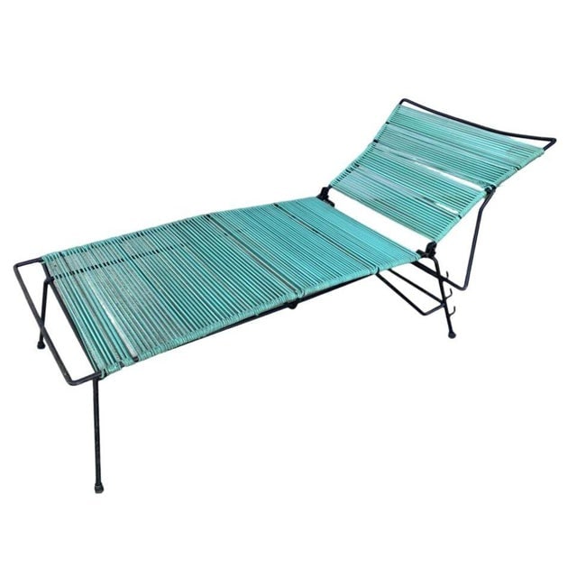 Mid-Century Iron Outdoor/Patio Chaise Lounge W/ Teal Cord, 6 Available - 3