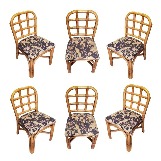 1950s Restored Rattan Dining Chairs Set With Tic-Tac-Toe Back-Set of 6 - 6