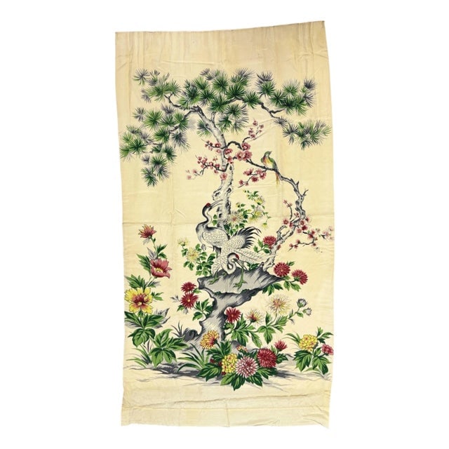 Mid Century Silk Curtain Panel With Cranes, Pine, and Chrysanthemums: Title: Mid Century Silk Curtain Panel With Cranes, Pine, and Chrysanthemums Description: This vintage silk single-panel curtain features an exquisite scene of two cranes beneath a pine tree, surrounde