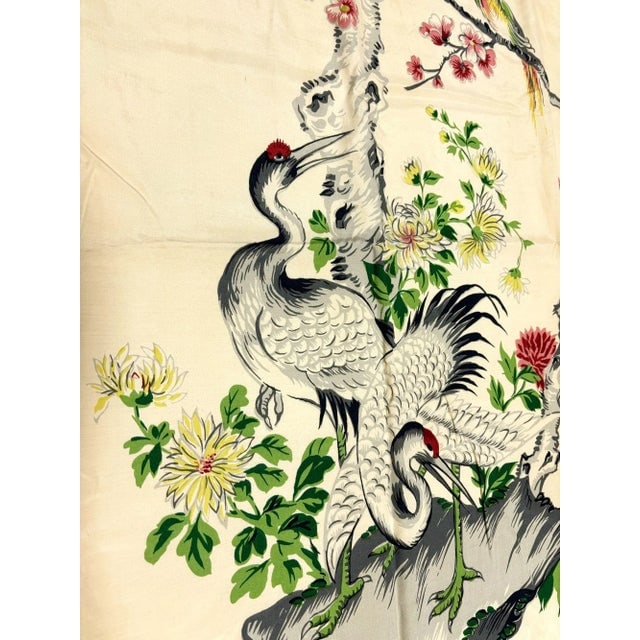 Mid Century Silk Curtain Panel With Cranes, Pine, and Chrysanthemums - 2