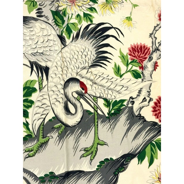 Mid Century Silk Curtain Panel With Cranes, Pine, and Chrysanthemums - 3