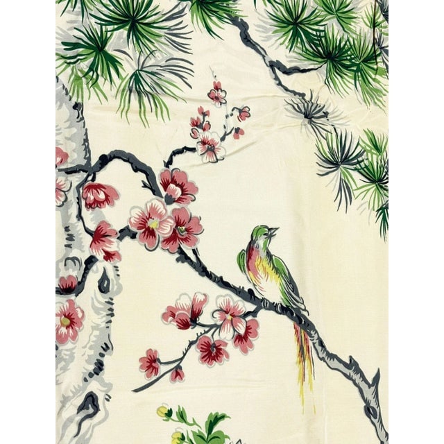 Mid Century Silk Curtain Panel With Cranes, Pine, and Chrysanthemums - 4
