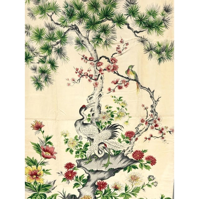 Mid Century Silk Curtain Panel With Cranes, Pine, and Chrysanthemums - 5