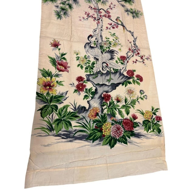 Mid Century Silk Curtain Panel With Cranes, Pine, and Chrysanthemums - 6