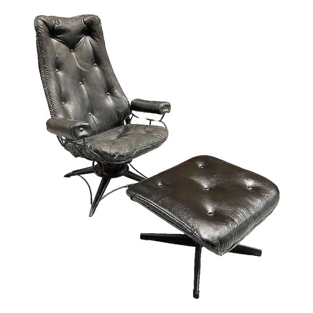 MCM Model 90 "Riviera" Swivel Springer Iron Lounge Chair W/ Ottoman by Homecrest: Title: MCM Model 90 "Riviera" Swivel Springer Iron Lounge Chair W/ Ottoman by Homecrest Description: 1953 Model 90 "Riviera" high back black wrought iron springer Lounge Chair with matching ottoman by