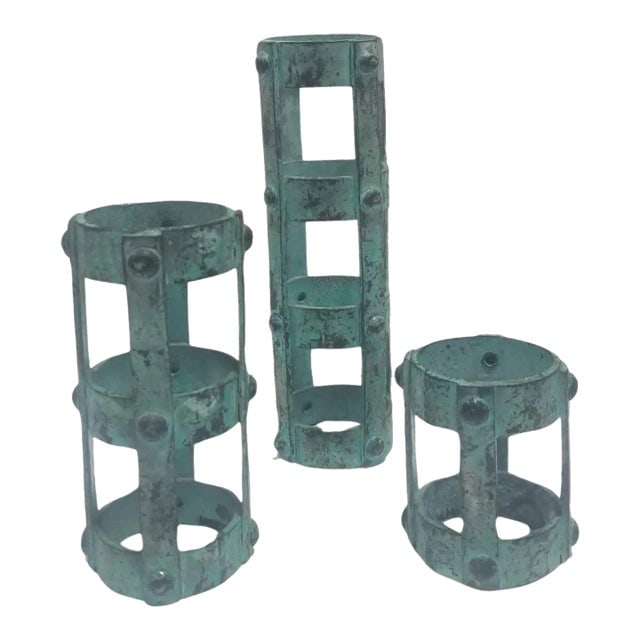 Set of 3 Brutalist Style Candlestick Holders Cage Design, 1970s: Title: Set of 3 Brutalist Style Candlestick Holders Cage Design, 1970s Description: Introducing our set of 3 rugged Brutalist-style cast bronze cages,a?a perfect fusion of industrial charm and ambient