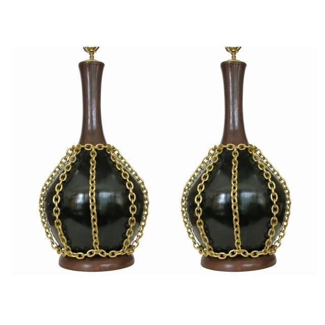 1950s Mid-Century Pottery Gold Tone Chain Lamps - Pair - 2