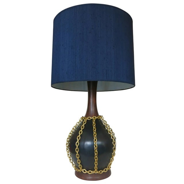 1950s Mid-Century Pottery Gold Tone Chain Lamps - Pair - 3