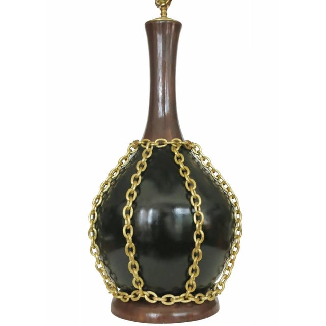 1950s Mid-Century Pottery Gold Tone Chain Lamps - Pair - 4