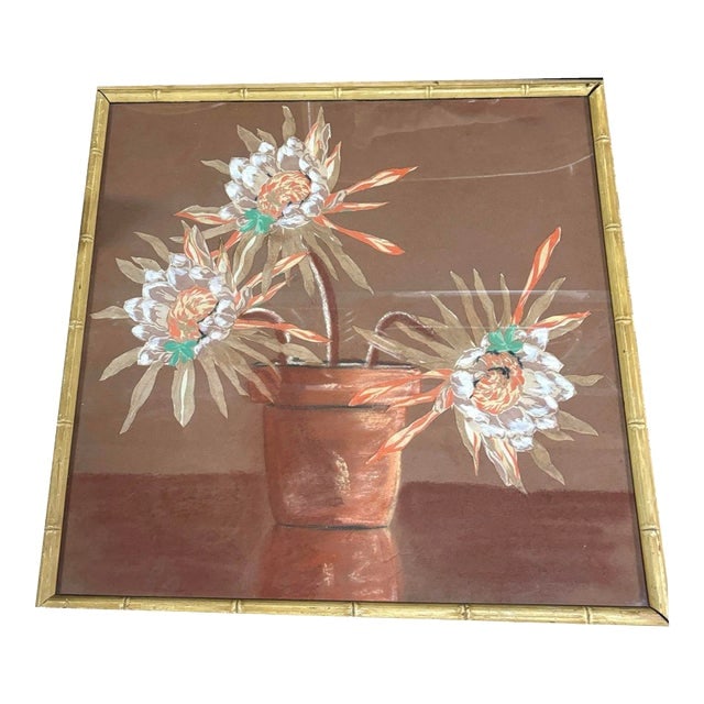 1970s Cereus Flower Fabric Art Painting Framed, Unisgned: Title: 1970s Cereus Flower Fabric Art Painting Framed, Unisgned Description: This unique artwork features a Cereus flower in a pot, crafted through a creative collage of layered fabric and paint. The 