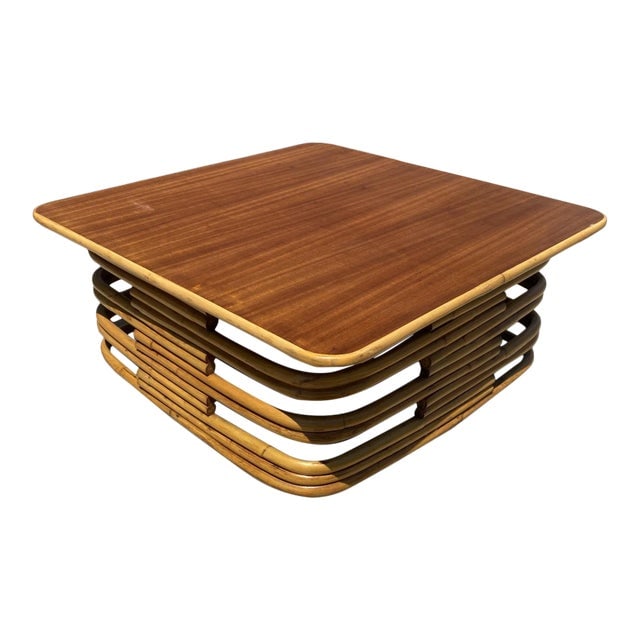 1940s Restored Stacked Slat Rattan Cocktail Table With Cutouts and Mahogany Top (1 of 5)