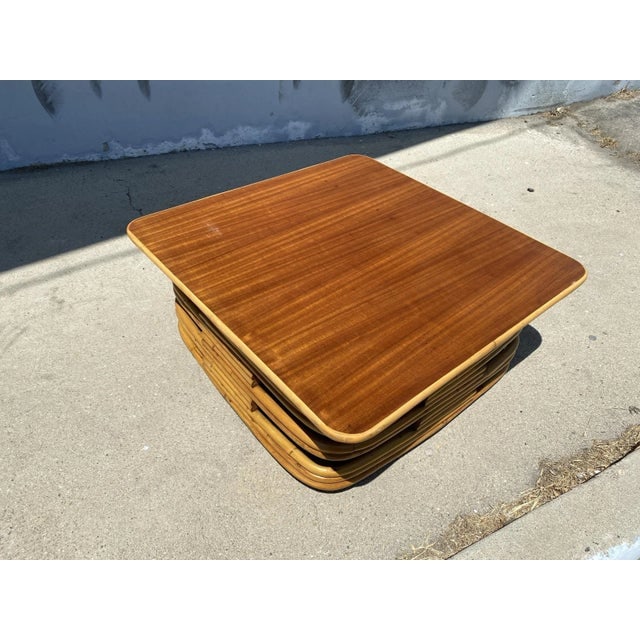 1940s Restored Stacked Slat Rattan Cocktail Table With Cutouts and Mahogany Top - 2