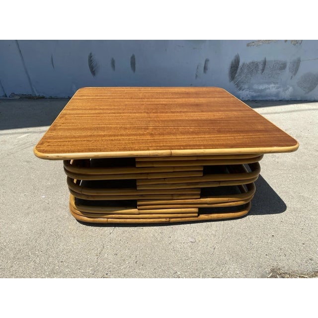 1940s Restored Stacked Slat Rattan Cocktail Table With Cutouts and Mahogany Top - 3