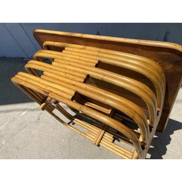 1940s Restored Stacked Slat Rattan Cocktail Table With Cutouts and Mahogany Top - 4