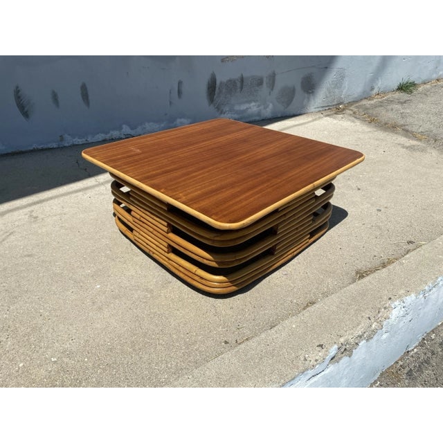 1940s Restored Stacked Slat Rattan Cocktail Table With Cutouts and Mahogany Top - 5