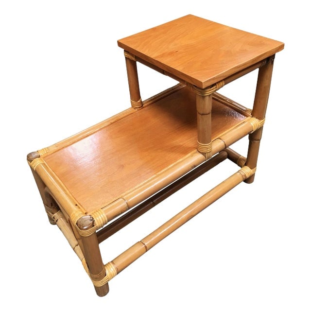 1950s Restored Stick Leg Rattan Side Table With Two-Tier Wood Tops: Title: 1950s Restored Stick Leg Rattan Side Table With Two-Tier Wood Tops Description: Stick leg rattan side table with two-tier wood tops, circa 1950. Designed in the manner of Paul Frankl. We have i