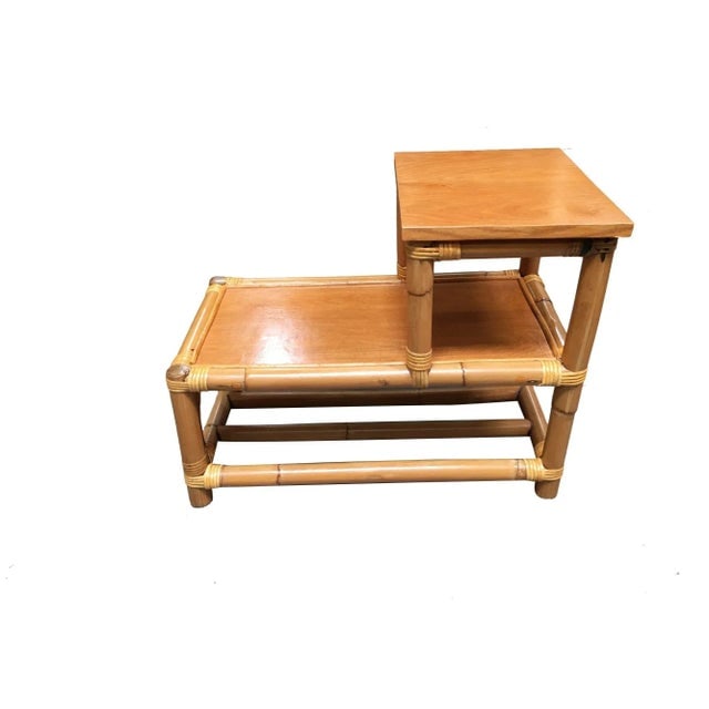 1950s Restored Stick Leg Rattan Side Table With Two-Tier Wood Tops - 2