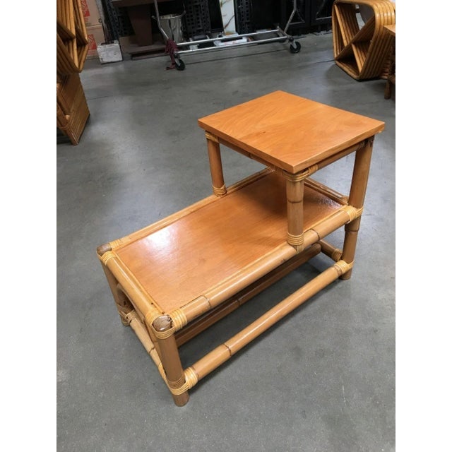 1950s Restored Stick Leg Rattan Side Table With Two-Tier Wood Tops - 3