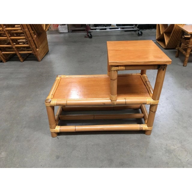1950s Restored Stick Leg Rattan Side Table With Two-Tier Wood Tops - 4