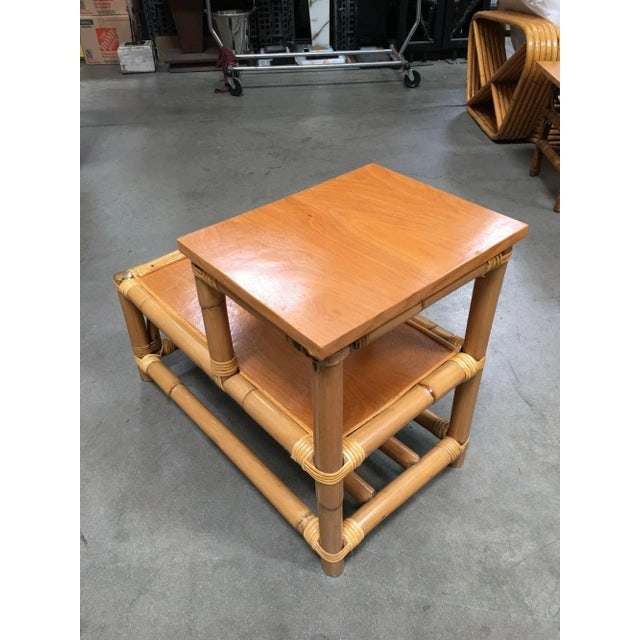 1950s Restored Stick Leg Rattan Side Table With Two-Tier Wood Tops - 5