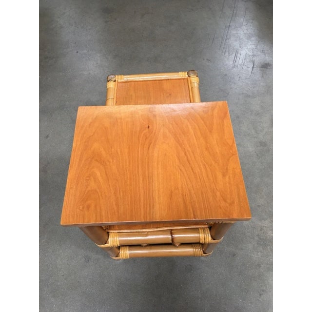 1950s Restored Stick Leg Rattan Side Table With Two-Tier Wood Tops - 6