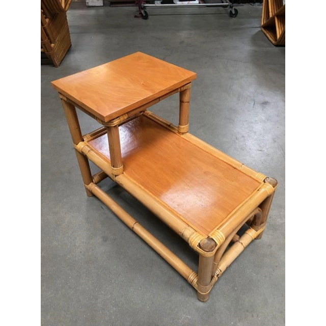 1950s Restored Stick Leg Rattan Side Table With Two-Tier Wood Tops - 8
