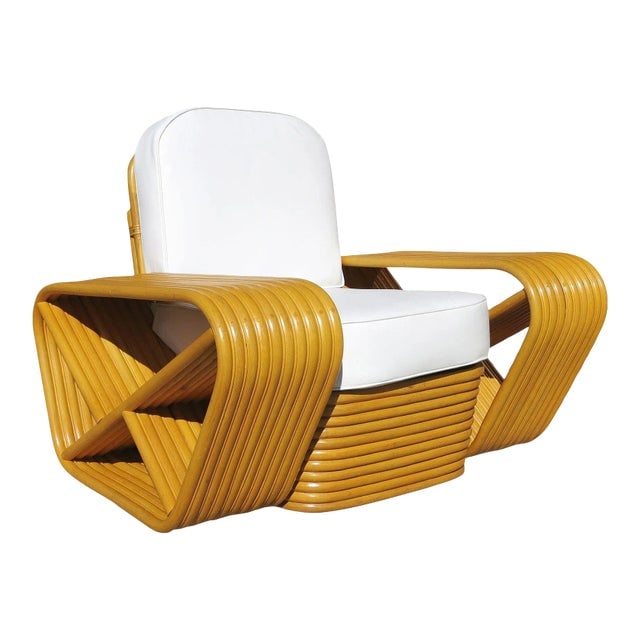 1950s Restored Paul Frankl Style10 Strand Square Pretzel Rattan Lounge Chair: Title: 1950s Restored Paul Frankl Style10 Strand Square Pretzel Rattan Lounge Chair Description: Beautifully restored Paul Frankl style rare ten-strand square pretzel rattan lounge chair with stacked 