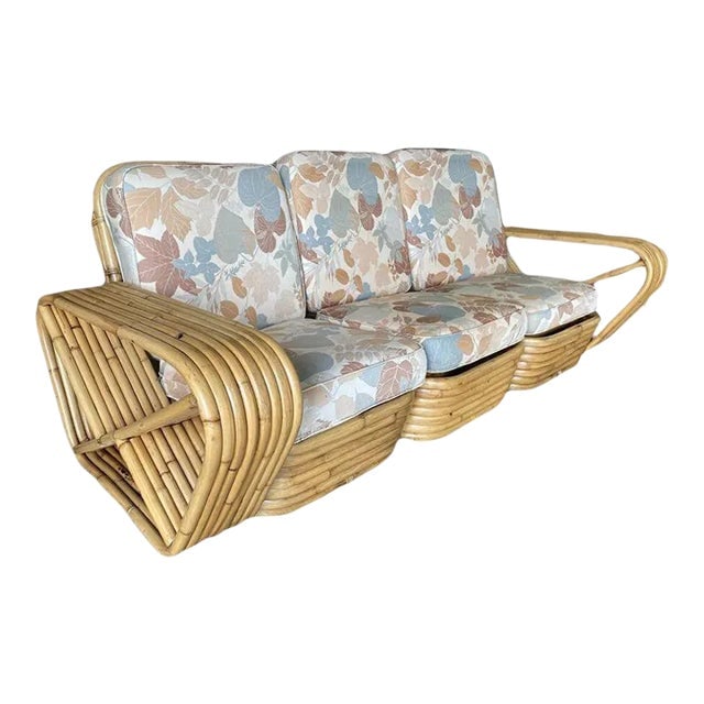 Restored Eight-Strand Square Pretzel Arm 3-Seat Section Sofa: Title: Restored Eight-Strand Square Pretzel Arm 3-Seat Section Sofa Description: Restored Art Deco 8-strand rattan square pretzel arm sectional sofa with seating for three people. The sofa features Pa
