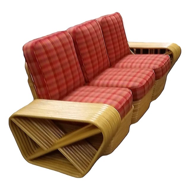 Restored Mid-Century10 Strand Square Pretzel Rattan 3-Seater Sectional Sofa: Title: Restored Mid-Century10 Strand Square Pretzel Rattan 3-Seater Sectional Sofa Description: This beautifully restored Mid Century ten-strand square pretzel arm rattan 3-seater sectional sofa with 