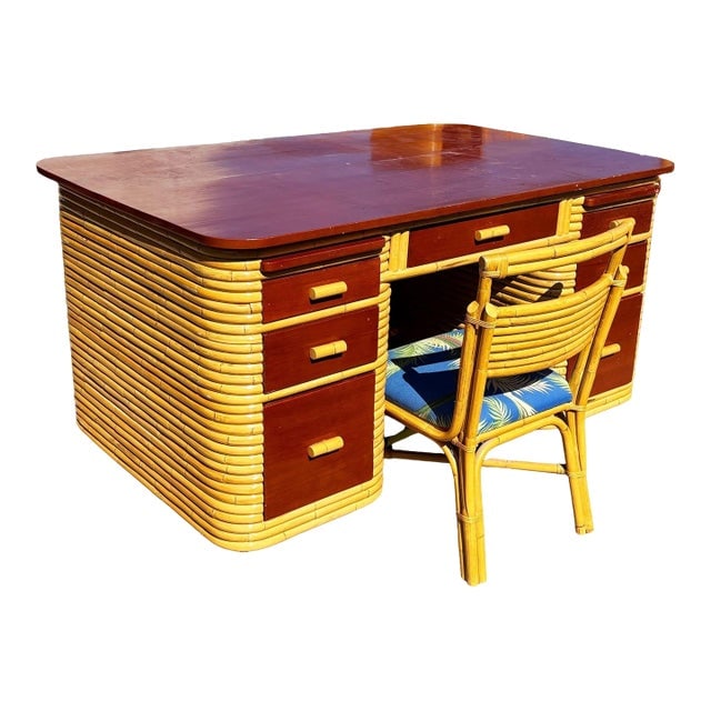 1940s Restored Paul Frankl Style Stacked Rattan & Mahogany Executive Desk W/ Chair: Title: 1940s Restored Paul Frankl Style Stacked Rattan & Mahogany Executive Desk W/ Chair Description: This beautifully restored Paul Frankl style 61" wide stacked rattan desk blends style and vintage